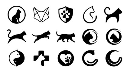 Modern abstract majestic cat symbol vector clipart set with minimalist clean outline pet care brand feline vet clinic monogram and animal logo graphics black and white © GULSHAN