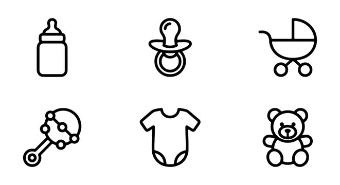 Baby Icons Set: Bottle, Pacifier, Stroller, Rattle, Onesie, Teddy Bear Vector