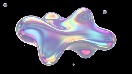 Obraz premium Abstract Iridescent Liquid Fluid Shape with Holographic Surface Texture against a Dark Minimalist Background