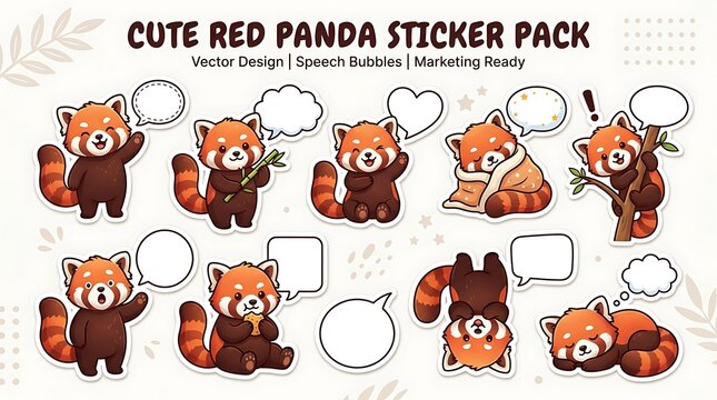 Cute red panda sticker pack illustration.