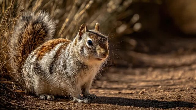 A small striped ground squirrel sits on a sandy path, fur detail shown in sunlight