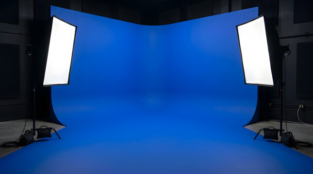 A studio setup with a blue background and two light sources