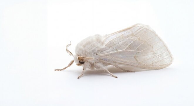 A soft white moth with fuzzy texture resting peacefully on a clean white studio background.