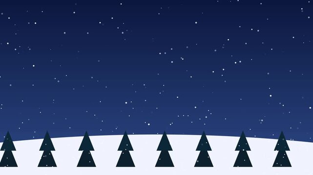 Minimalist winter landscape with falling snow and pine trees at night for holiday animation 4k background