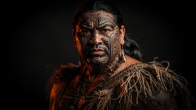 A stoic Maori man, adorned with intricate traditional facial tattoos and wearing a ceremonial garment, stares intensely into the camera, embodying cultural heritage and strength.