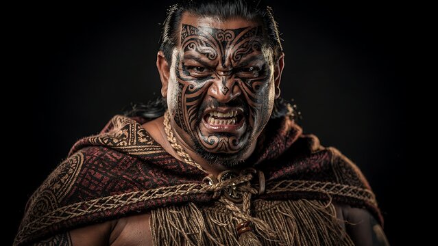 A fierce warrior with traditional Māori Ta Moko face paint and a woven cloak stares intensely, embodying power and cultural heritage.
