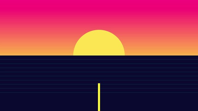 Retro synthwave sunset background, 80s vaporwave aesthetic horizon with glowing yellow sun and dark ocean waves loop animation 4k