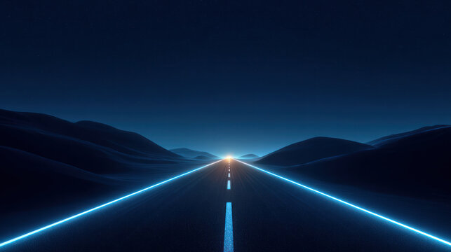 A dark scene features a road with bright blue lines extending towards a far-off light, creating a futuristic and serene atmosphere.