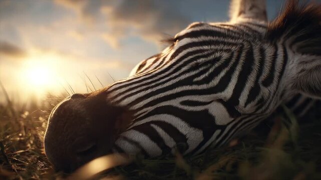 A close-up of a zebra grazing in grass, bathed in golden sunlight