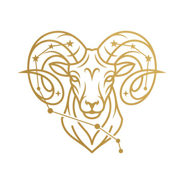 Golden ram head zodiac sign with celestial stars line art