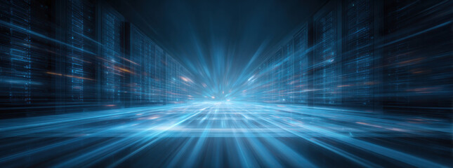 Obraz premium A futuristic digital data center with abstract glowing light trails representing advanced technology and data flow.