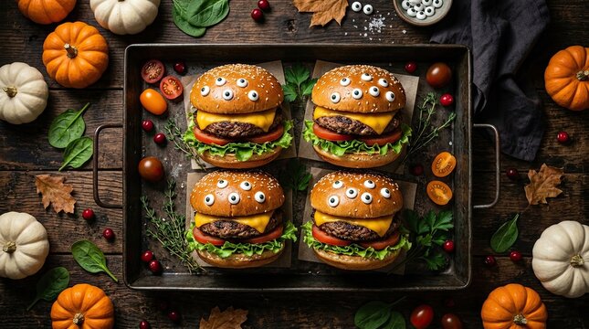 Festive halloween burgers with edible eyes on a rustic tray overhead view