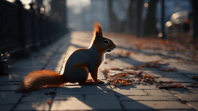 A squirrel stands on a brick path with autumn leaves, bathed in sunlight, blurry background