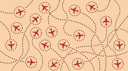 Air traffic pattern with red airplanes on dotted flight paths © Sumaiya
