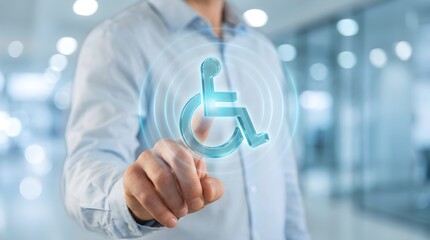 Fototapeta premium Professional businessman in a white shirt touching a glowing blue digital wheelchair icon representing accessibility and inclusive design concepts on a modern touch screen interface display