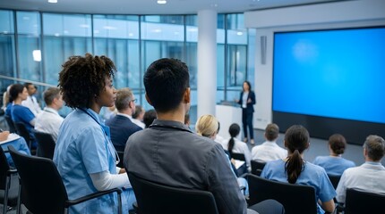 Obraz premium Diverse group of medical professionals wearing blue scrubs and white coats attending a professional seminar in a bright modern conference room with a blue screen