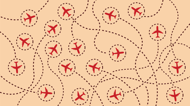Air traffic pattern with red airplanes on dotted flight paths