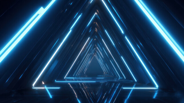 A futuristic scene with blue neon lights forming triangular tunnels, showcasing modern technology and abstract design.