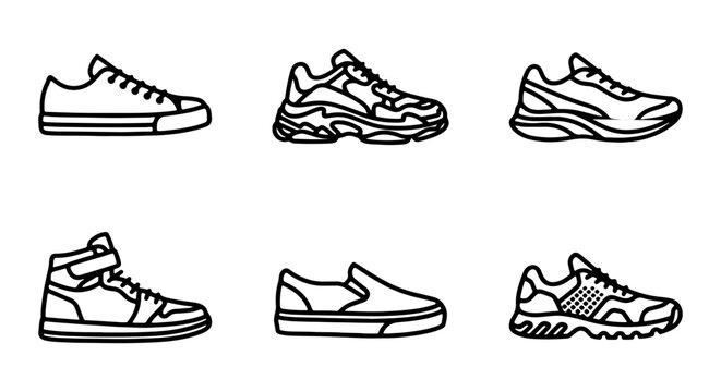 Sneaker Icons Set: Athletic Shoes, Casual Footwear, Modern Trainers, Vector Graphics