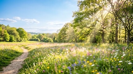 Fototapeta premium Beautiful wildflower meadow with a dirt path winding through green trees under a bright sunny sky