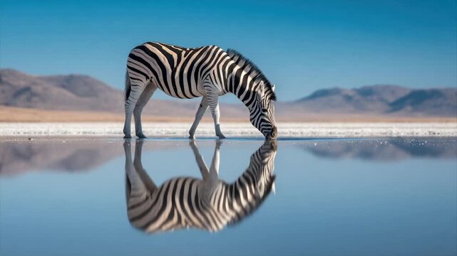 A zebra drinks from a still body of water, reflecting perfectly. Mountains and a clear sky