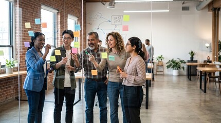 Naklejka premium Diverse team collaborates on glass board with sticky notes and markers in modern office space