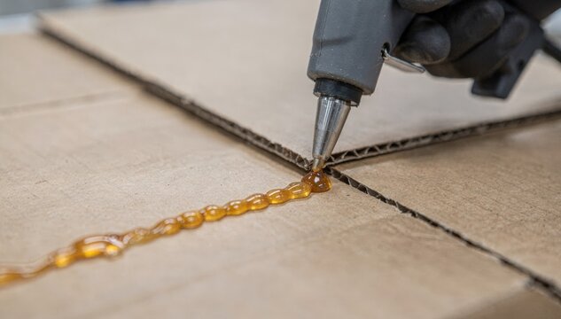 Medium shot of hot melt glue being applied carefully on packaging flaps highlighting smooth molten adhesive beads ready for quick bonding and sealing processes.