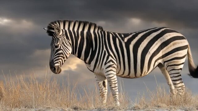 A zebra stands proudly in a field of dry grass, against a dramatic, cloudy sky