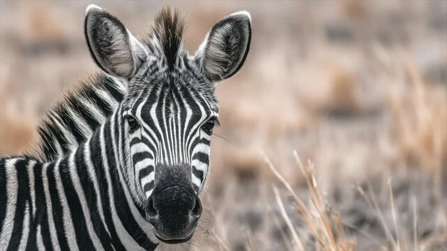 A zebra's striking face, striped and detailed, against blurred brown grassland