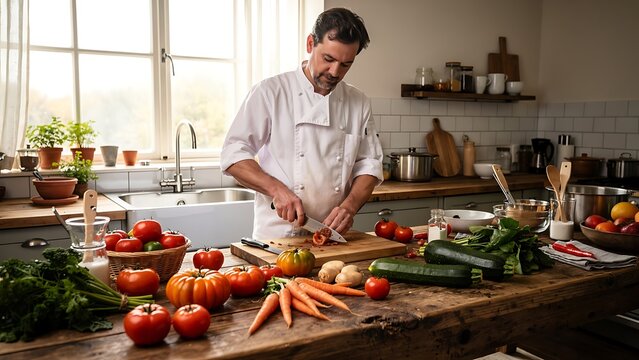 A professional chef meticulously prepares fresh ingredients in a sun-drenched kitchen, surrounded by a vibrant bounty of colorful vegetables and ripe tomatoes, showcasing the art of healthy cooking.
