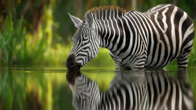 A zebra drinks from a still body of water, reflecting its stripes with green foliage background