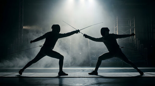 Two fencers engage in a fierce duel under a spotlight on a foggy stage