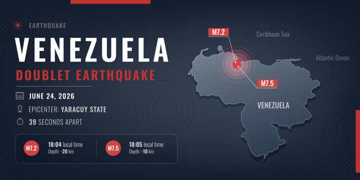  Venezuela Earthquake June 2026 infographic illustration. Vector banner with map and doublet earthquake info