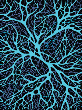 Intricate blue branching network resembling neural pathways and vessels.