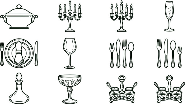 Dining table setting and service outline featuring a tureen, candelabra, champagne flute, plate, cutlery, decanter, and condiment set