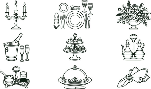 Set of luxury dining and table setting in a simple black and white line for restaurant service candle