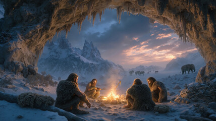 Fototapeta premium Prehistoric humans gather in icy cave by a campfire with mammoths in the snowy landscape