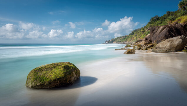 A serene coastal landscape features calm blue ocean waves gently lapping against a sandy shore with moss-covered boulders.