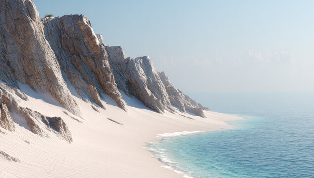 A stunning coastal landscape featuring white cliffs adjacent to turquoise ocean waters under a clear sky.