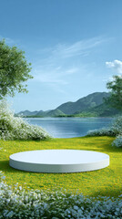 Fototapeta premium A round white platform sits on a grassy area by a lake with mountains and clear sky in the background.