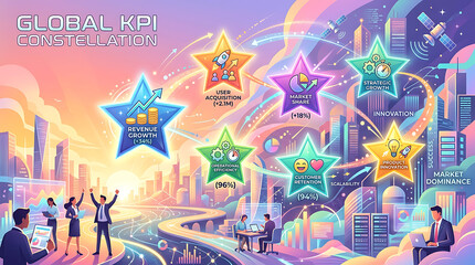Obraz premium Business professionals collaborating in futuristic cityscape with global KPI concept