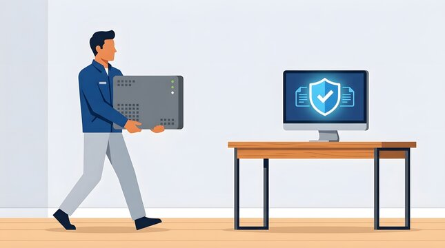 Computer System Upgrade: A man carries a new computer tower towards a desk with a monitor displaying security icons, signifying an IT upgrade or installation.