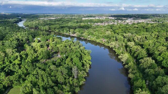 a river on a blue sky cloudy day drone aerial background nobody