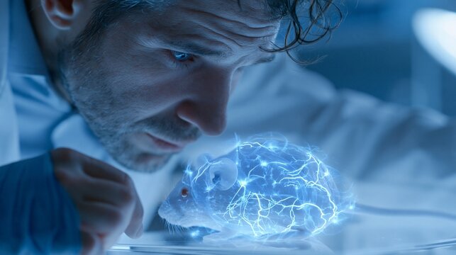 Research scientist observing a mouse brain model with glowing neural pathways and subtle DNA overlays in a lab, cool blue lighting, close-up composition, thoughtful scientific mood.