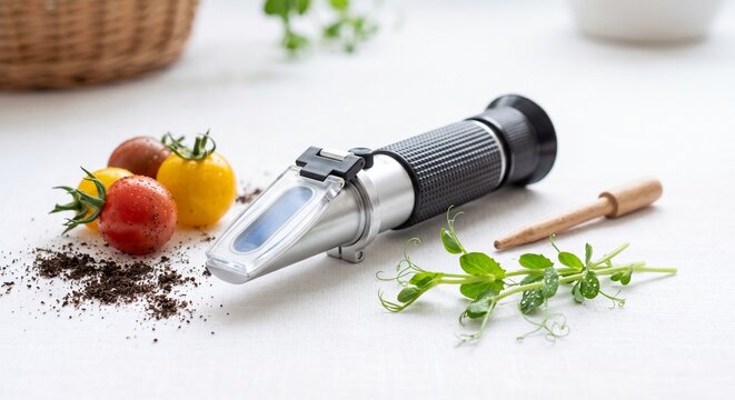 A handheld optical refractometer used for measuring sugar content in fresh garden tomatoes.