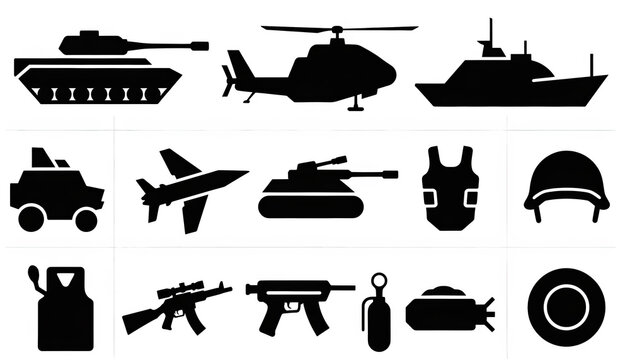 Military Vehicles and Weapons Silhouettes Including Ships, Aircraft, and Equipment