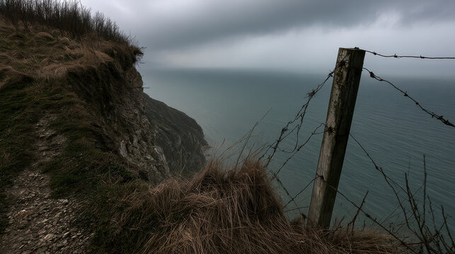 Crumbling coastal cliff edge showing the dramatic impact of sea erosion on land