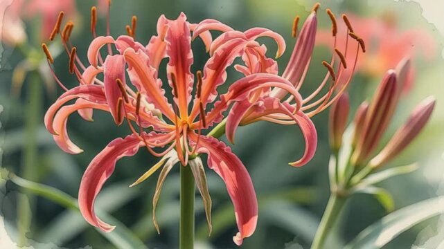 Coral Lily of the Incas: A striking Lycoris radiata, or Red Spider Lily, unfurls its delicate, crimson petals, showcasing a unique star-like form and vibrant color.