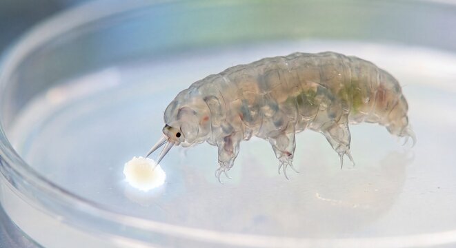 A microscopic tardigrade specimen moving across a clear petri dish in a laboratory research setting.