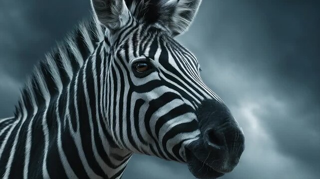 Detailed portrait of a zebra's head, showcasing striking black and white stripes and expressive eye